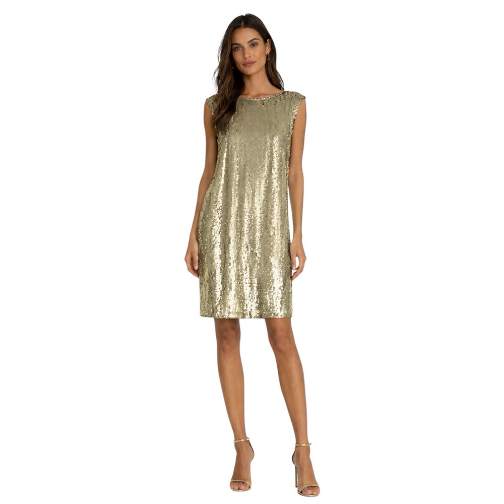NWT Alice + Olivia Gold Sequin Sleeveless Shift Dress Party Cocktail Y2K Small - Picture 2 of 9